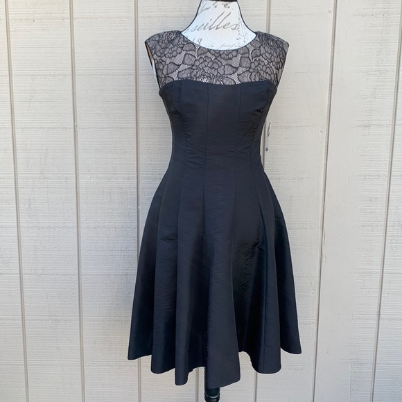 London Times Fit and Flare Dress Black/Nude Satin and Lace Dress - Picture 1 of 12